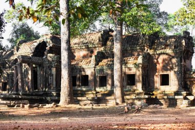 Antik Tapınak Preah Khan şaşırtıcı Angkor, Siem Reap, Kamboçya için giriş. Gizemli Preah Khan yağmur ormanları arasında yer alır. Arka plan mavi gökyüzünde. Esrarengiz Angkor popüler bir turistik 's.