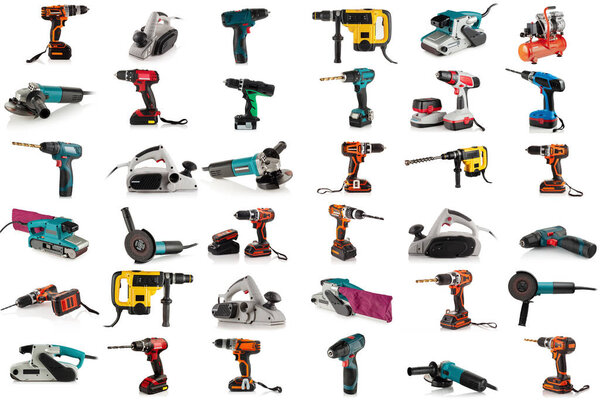 set of construction manual construction power tools on a white background.