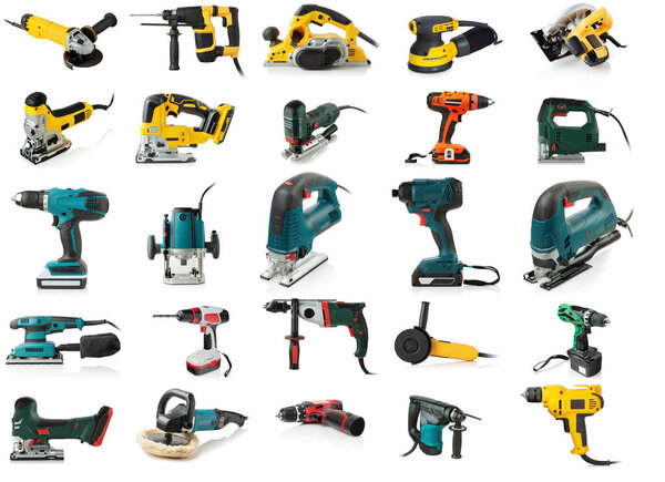 set of construction manual construction power tools on a white background.