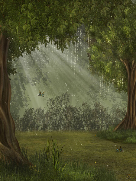 Fantasy forest with butterfly 3D rendering
