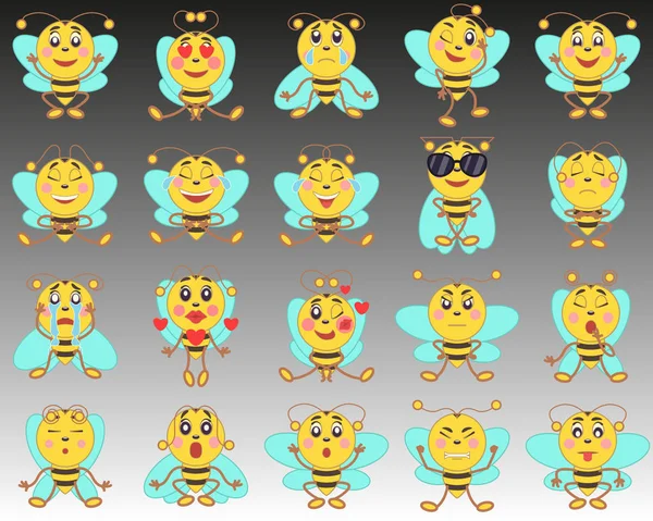 Zestaw ikon emoji emotikonów w stylu płaski. Zestaw kreskówka na białym tle pszczół na tle od czerni do bieli. — Wektor stockowy