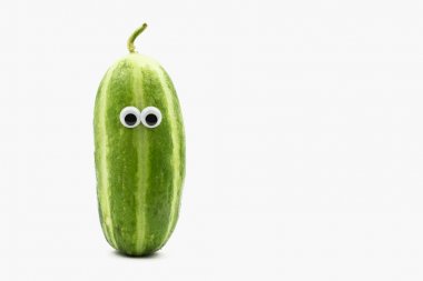 Crazy Carosello cucumber with googly eyes on white background, a clipart