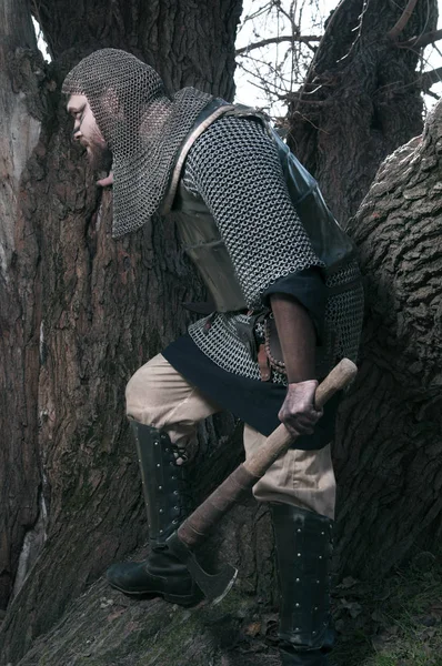 Viking com machado esgueirando perto da árvore — Fotografia de Stock