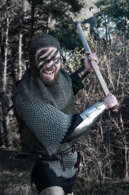 Viking onun balta vahşi doğa arka plan üzerinde ortaya çıkar.
