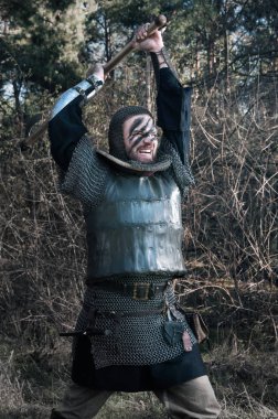 Viking onun balta vahşi doğa arka plan üzerinde ortaya çıkar.