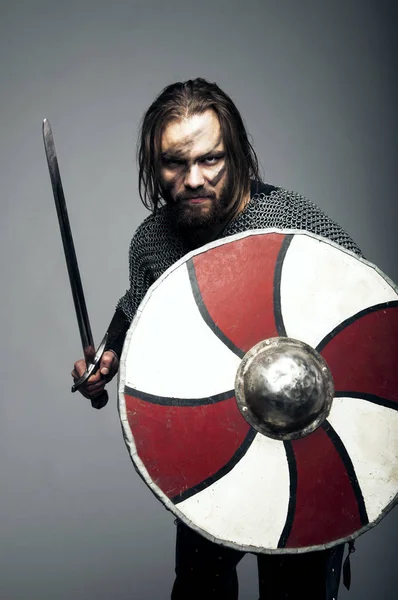 Viking onun kılıç ve kalkan gri arka plan üzerinde