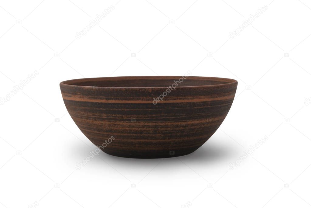 Empty brown bowl isolated on white background. View from side