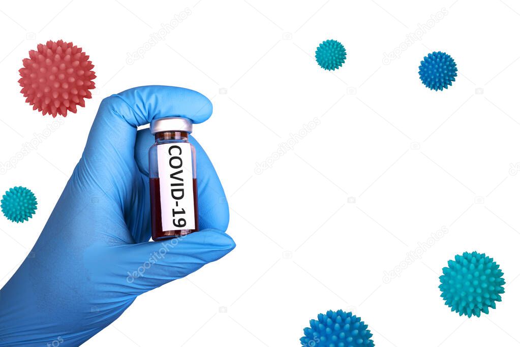 Sample blood test of Coronavirus (Covid-19) in hand with blue glove. Coronavirus Covid 19 blood sample in sample biohazard protection on white background with coronavirus samples