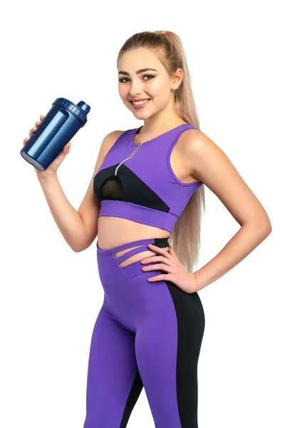 Sportlich Schlanke Fitness Frau Mädchen Mit Sportflasche Gesunde Weibliche Körperkurve — Stockfoto