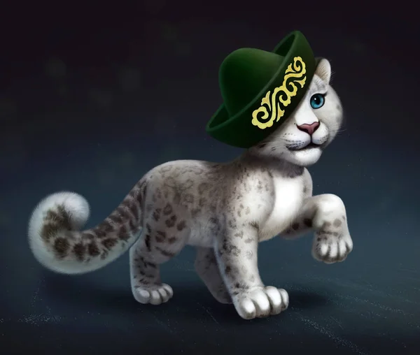 Digital illustration of snow leopard with kazakh national hat with oriental golden ornament, symbol of Kazakhstan — Stock Photo, Image