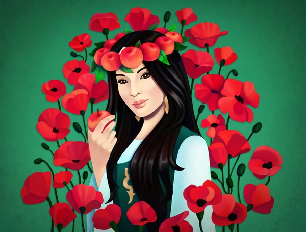 Цифровая иллюстрация азиатской девушки с яблоками и красными цветами — стоковое фото
