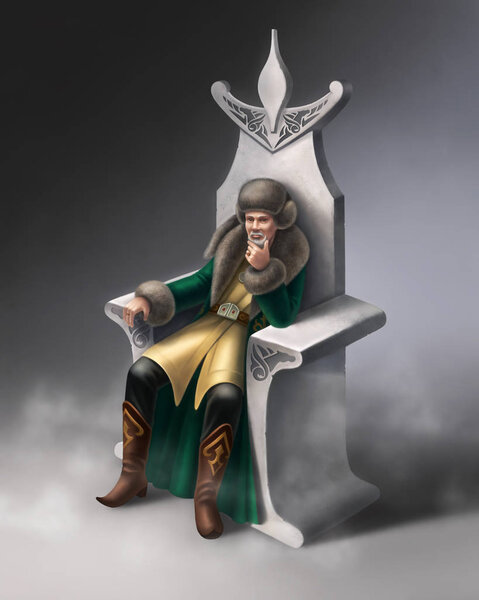 Цифровая иллюстрация азиатского хана на каменном троне
