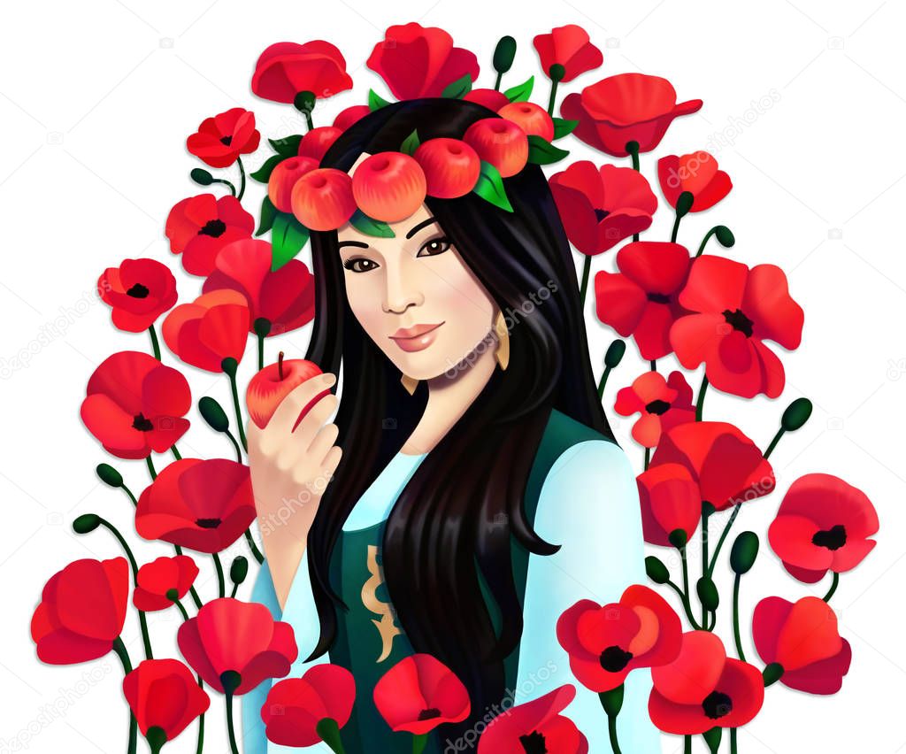 Digital portrait asian woman with apples and poppy flowers