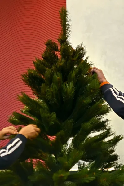 Kinderen versieren de kerstboom — Stockfoto