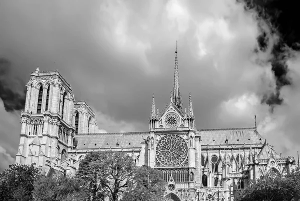 Notre Dame de Paris ligger längs floden Seine i Paris, Frankrike svartvitt fotografi — Stockfoto
