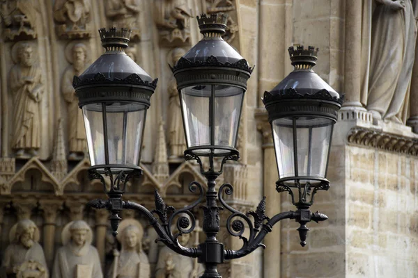 Streetlight в Парижі з розмитими Нотр-Дам де Парі на тлі — стокове фото