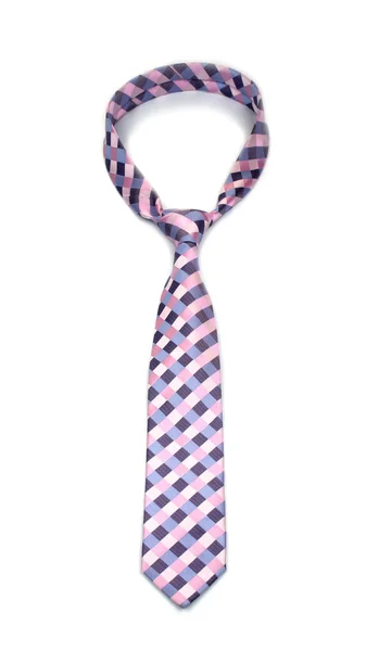 Stylish tied pink and blue chess pattern tie isolated on white background — Stock Photo, Image