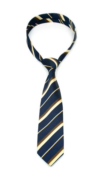 Gravata listrada azul elegante amarrado com linhas amarelas e marrons isoladas no fundo branco — Fotografia de Stock