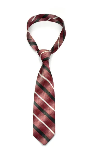Стильна пов'язана темно-червона смугаста краватка з чорно-білими лініями ізольована на білому тлі — стокове фото