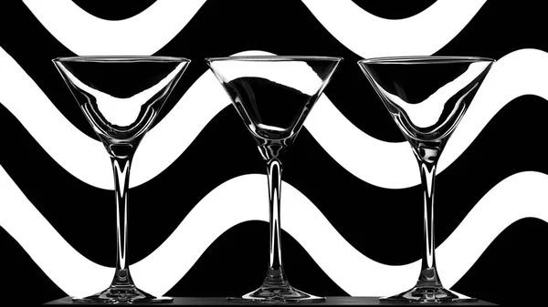 Három elegáns üres koktél szemüveg absztrakt fekete-fehér hullámos háttér — Stock Fotó