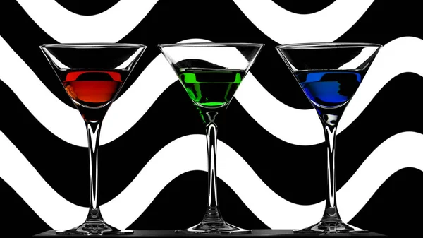 Három elegáns koktél pohár, piros, a zöld és a kék likőr absztrakt hullámos háttér, fekete-fehér hullámok — Stock Fotó
