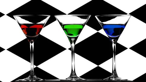 A vörös, a zöld és a kék likőr, sakk absztrakt háttér, fekete-fehér rajzaimban három elegáns koktél pohár — Stock Fotó