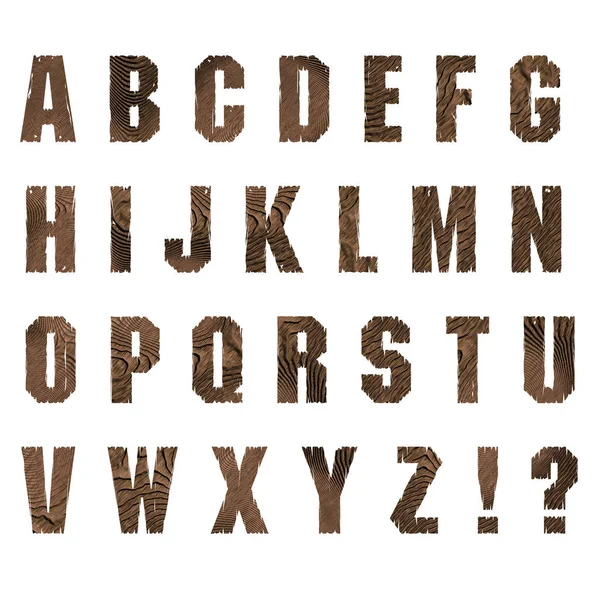 Alfabeto inglés hecho de chapa de madera aislada sobre fondo blanco. Fuente original con letras de madera para su texto — Foto de Stock