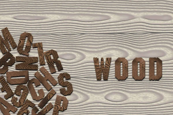 "wood" written by wooden letters on wood board background with different letters heaped up in left bottom corner — Stock Photo, Image