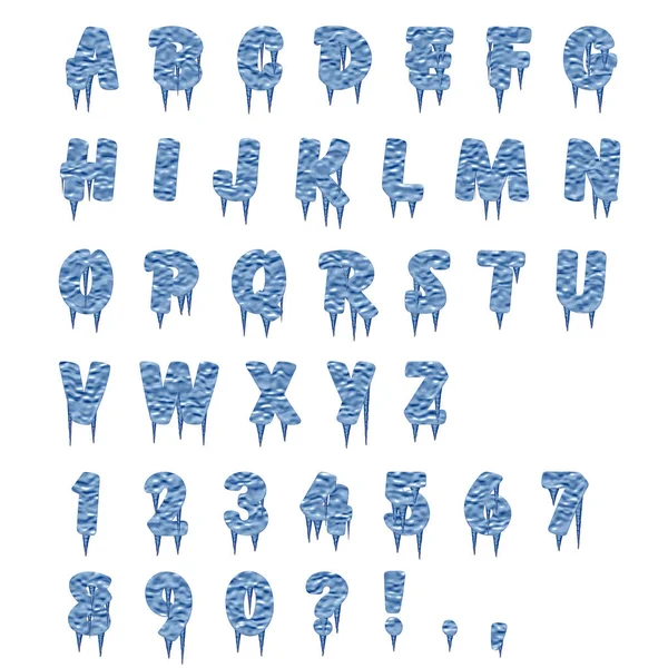 Engels alfabet en tekens gemaakt van blauw ijs en ijspegels geïsoleerd op een witte achtergrond. Oorspronkelijke lettertype voor de tekst — Stockfoto