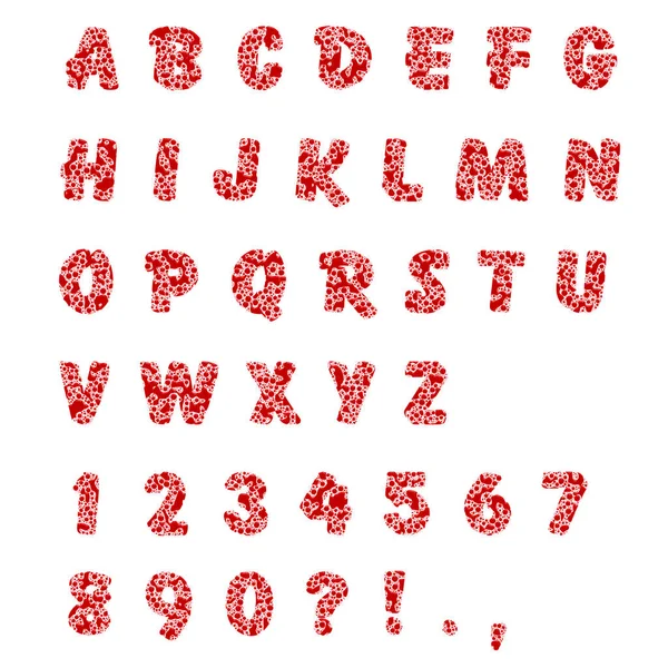 Engels alfabet en tekens gemaakt van een bloeddruppels geïsoleerd op een witte achtergrond. Oorspronkelijke lettertype voor de tekst — Stockfoto