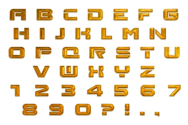Engels alfabet en tekens gemaakt van glanzende gouden bullions brieven geïsoleerd op een witte achtergrond. Oorspronkelijke ontwerp lettertype voor de tekst — Stockfoto