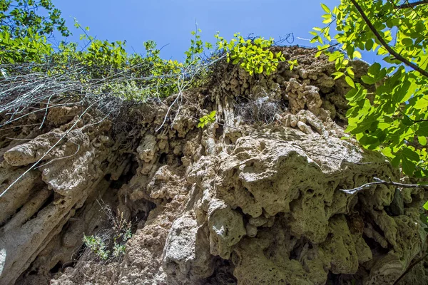 Magnificent rocks covered with beautiful green plants at Vorotan river canyon near Devil's Bridge,Halidzor village, Armenia. low angle view — Stock Photo, Image