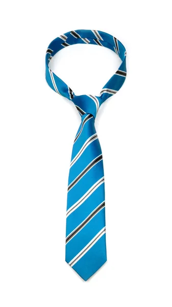 Стильна пов'язана блакитна смугаста краватка ізольована на білому тлі — стокове фото