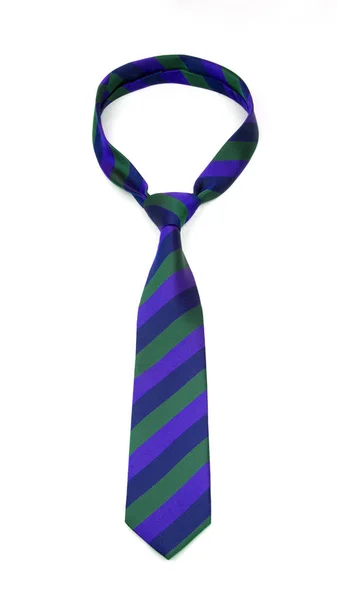 Stylish tied blue, green and purple striped tie isolated on white background — Stock Photo, Image