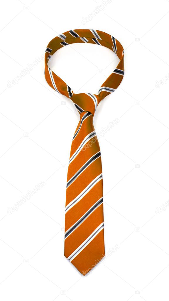 stylish tied orange, white and gray striped tie isolated on white background