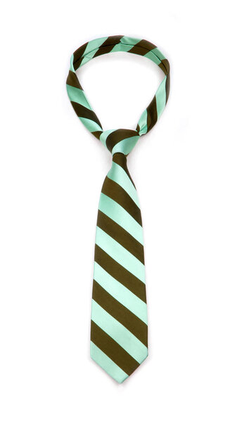 stylish tied lime green and brown striped tie isolated on white background