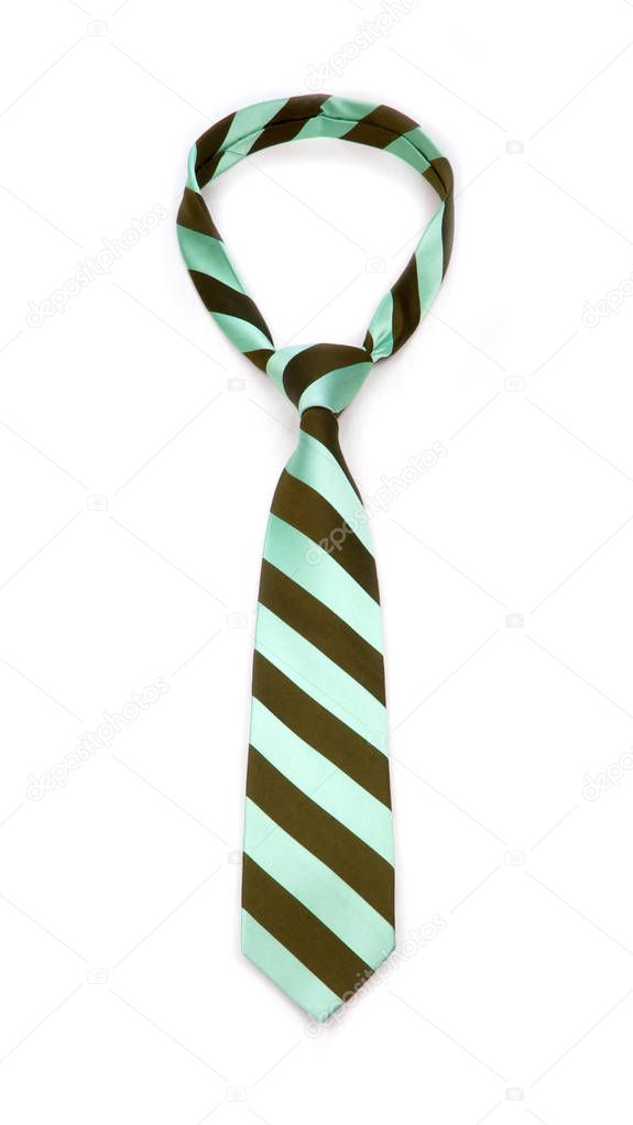 stylish tied lime green and brown striped tie isolated on white background