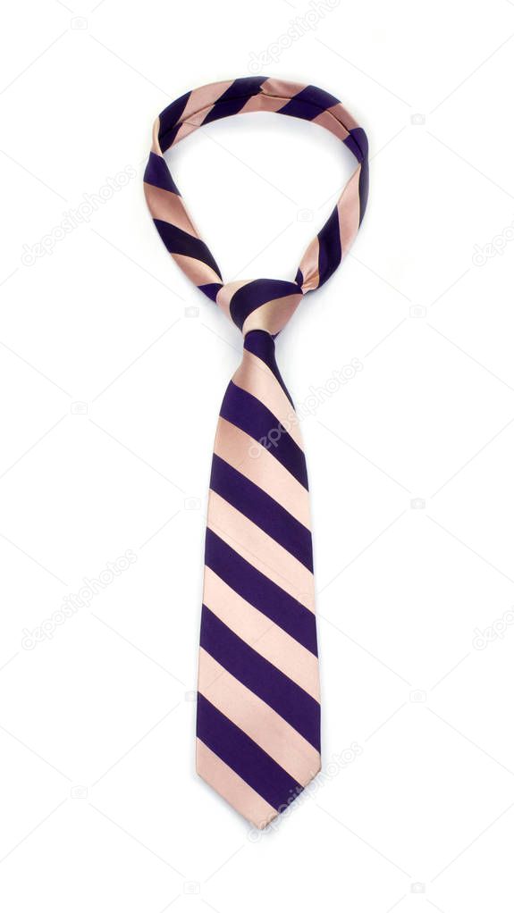 stylish tied beige and violet striped tie isolated on white background