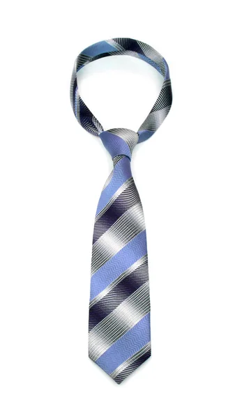 Κομψό δεμένο μπλε και γκρίζο ριγέ γραβάτα απομονώνεται σε λευκό φόντο — Φωτογραφία Αρχείου