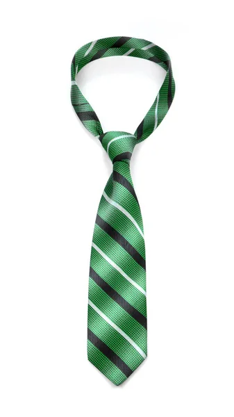Elegante amarrado gravata listrada verde isolado no fundo branco — Fotografia de Stock