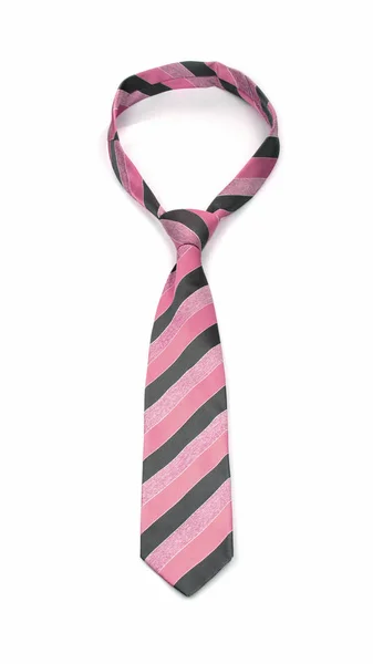 Gravata listrada rosa e cinza elegante amarrado isolado no fundo branco — Fotografia de Stock