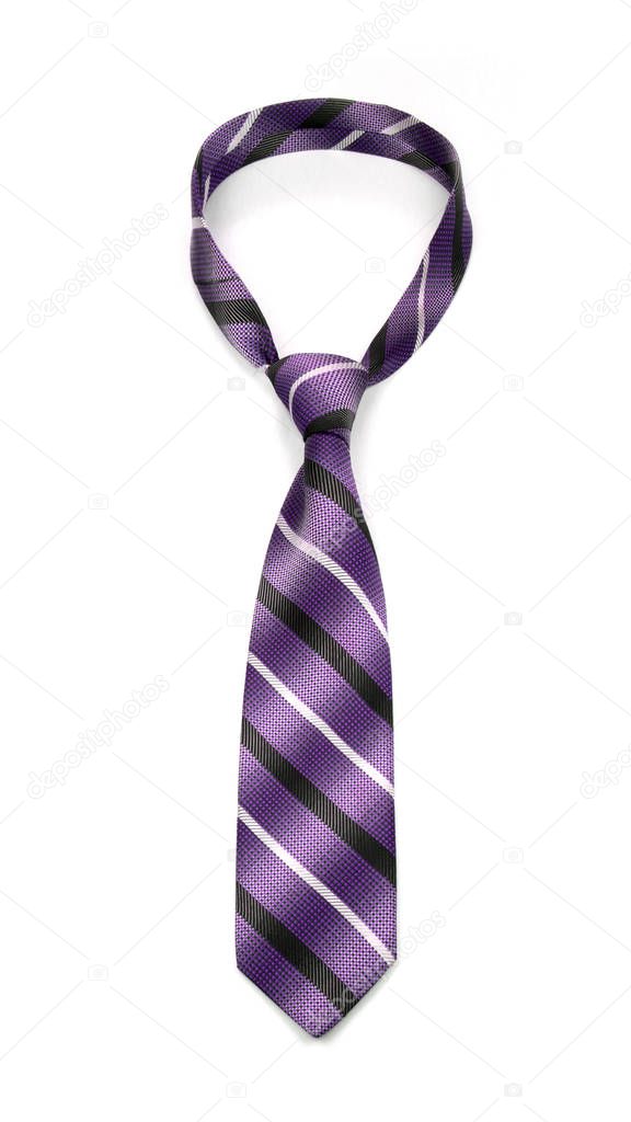 stylish tied violet striped tie isolated on white background