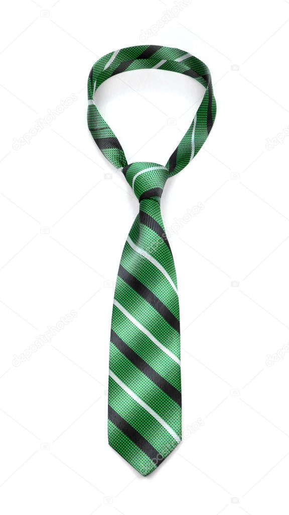 stylish tied green striped tie isolated on white background