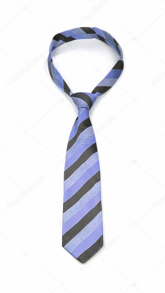 stylish tied blue and gray striped tie isolated on white background