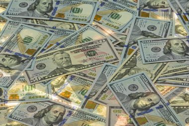 Bize 100 dolar ve elli dolar faturaları çeşitli arka plan. Çok para. Dolar arka plan.