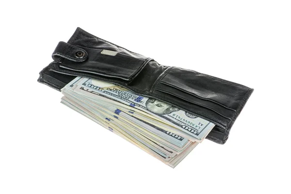我们在旧的黑色皮革钱包美元。在白色背景上孤立的钱包里的钱 — 图库照片