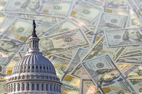 collage with US capitol Building and American dollars on blurred background