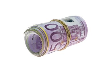 Euro para birimi (Eur) 500, 200, 100 ve 50 euro banka notları ile bir rulo beyaz arka plan üzerinde izole para bol bir sembolü olarak dışarıdan detayını makro