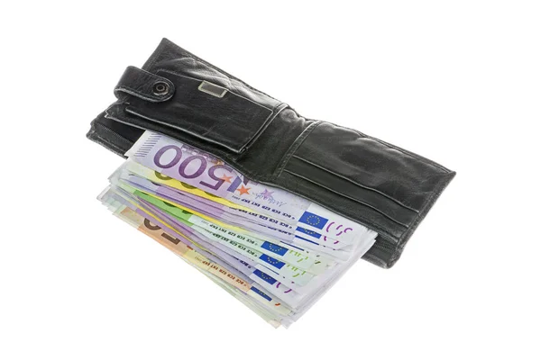 Eurowährung (Euro) mit 500, 200, 100 und 50 Euro Banknoten in alter schwarzer Ledertasche. Geld im Portemonnaie isoliert auf weißem Hintergrund — Stockfoto