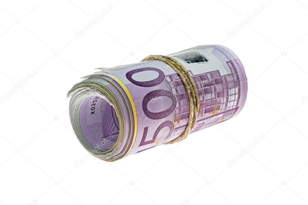 Macro detail of a roll of Euro currency (EUR) with 500, 200, 100 and 50 euro bank notes on the outside as a symbol of plenty of money isolated on the white background